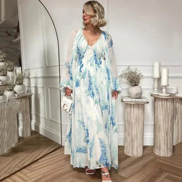 Women's Floral Chiffon V-Neck Maxi Formal Dress Long Sleeve