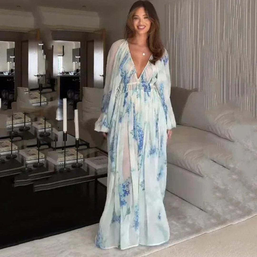Women's Floral Chiffon V-Neck Maxi Formal Dress Long Sleeve