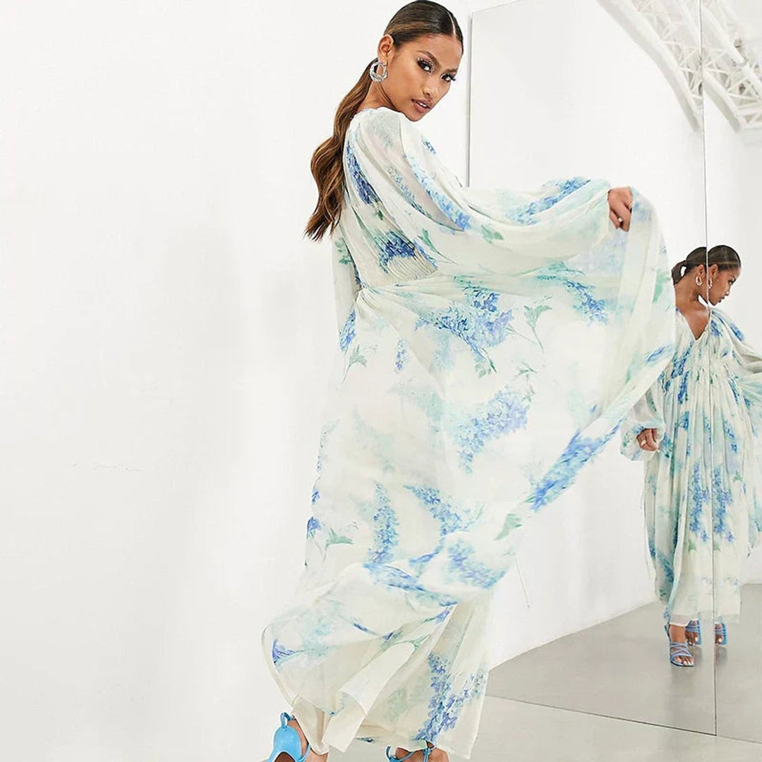 Women's Floral Chiffon V-Neck Maxi Formal Dress Long Sleeve