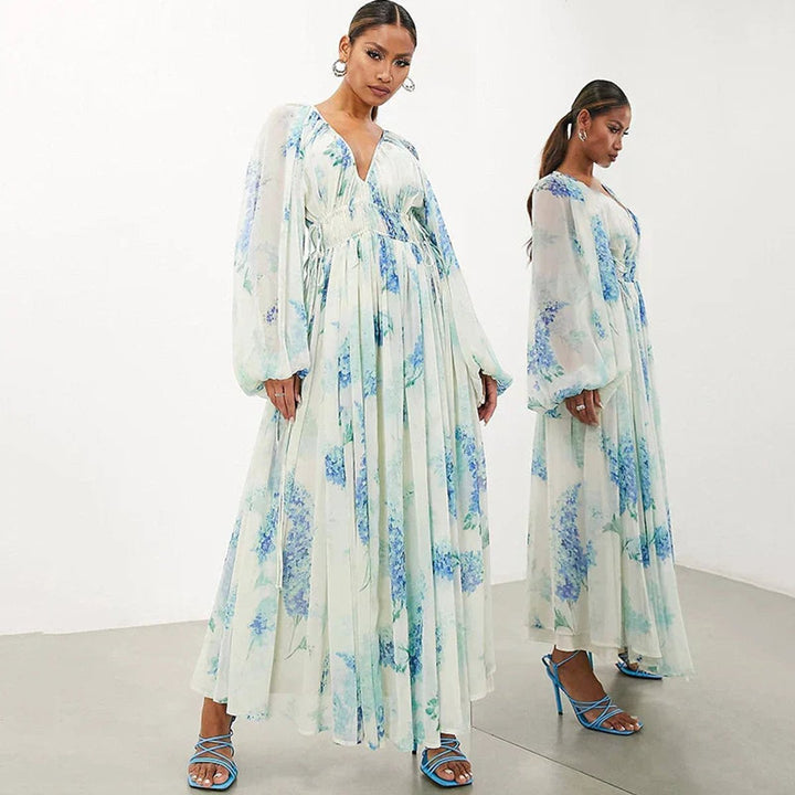 Women's Floral Chiffon V-Neck Maxi Formal Dress Long Sleeve