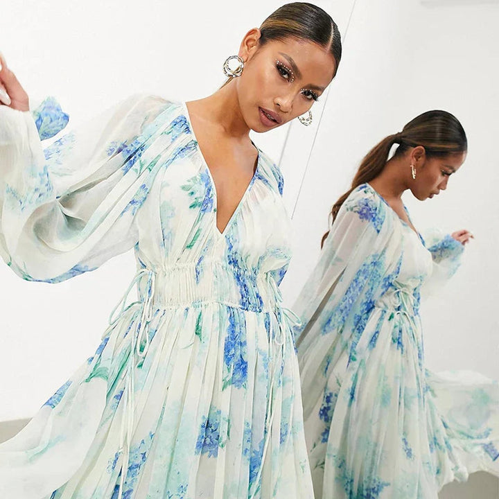 Women's Floral Chiffon V-Neck Maxi Formal Dress Long Sleeve