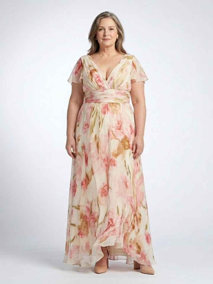 Women's Floral Chiffon V-Neck Short Sleeve Maxi Formal Dress