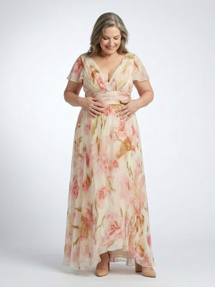 Women's Floral Chiffon V-Neck Short Sleeve Maxi Formal Dress