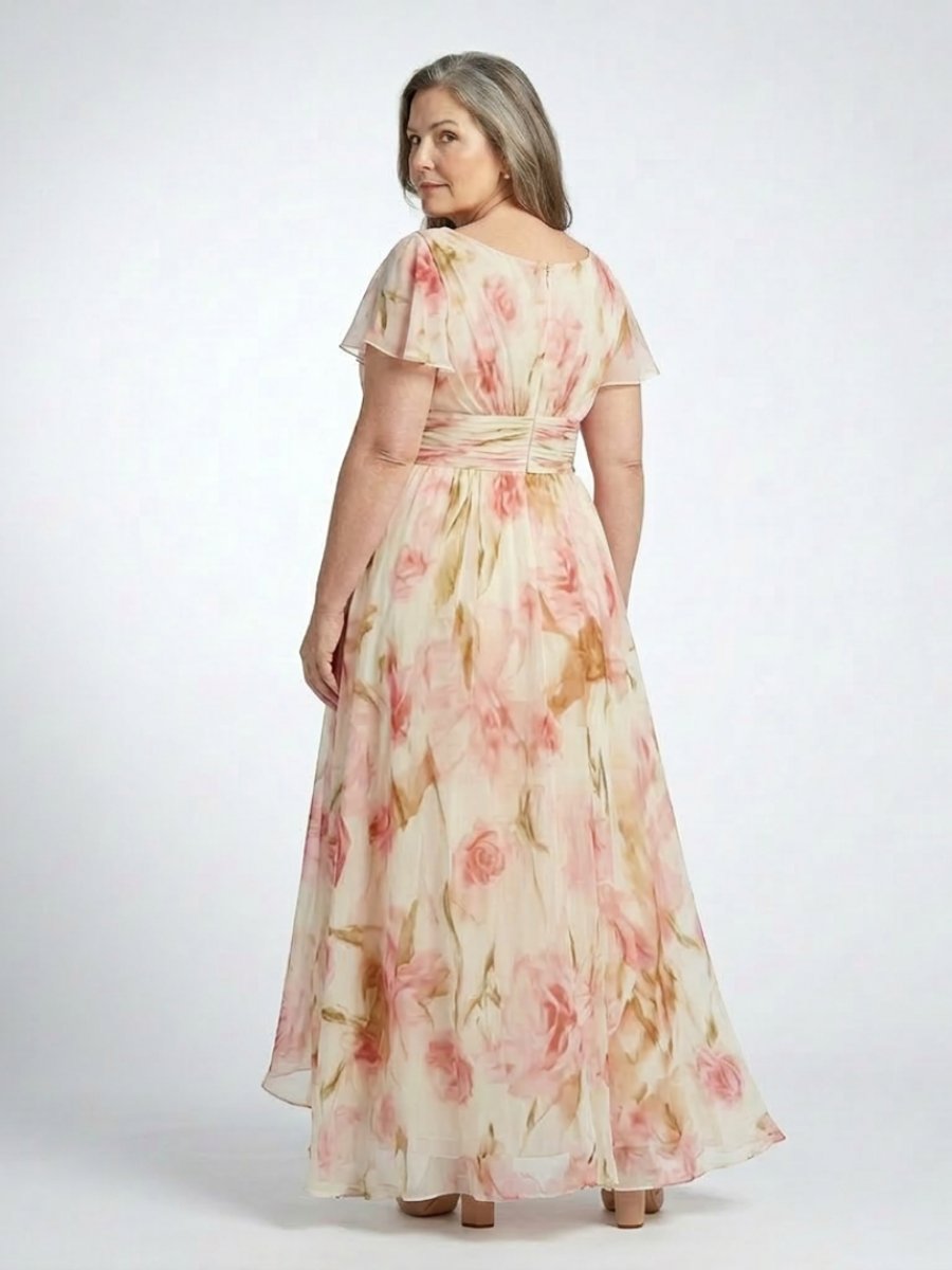 Women's Floral Chiffon V-Neck Short Sleeve Maxi Formal Dress