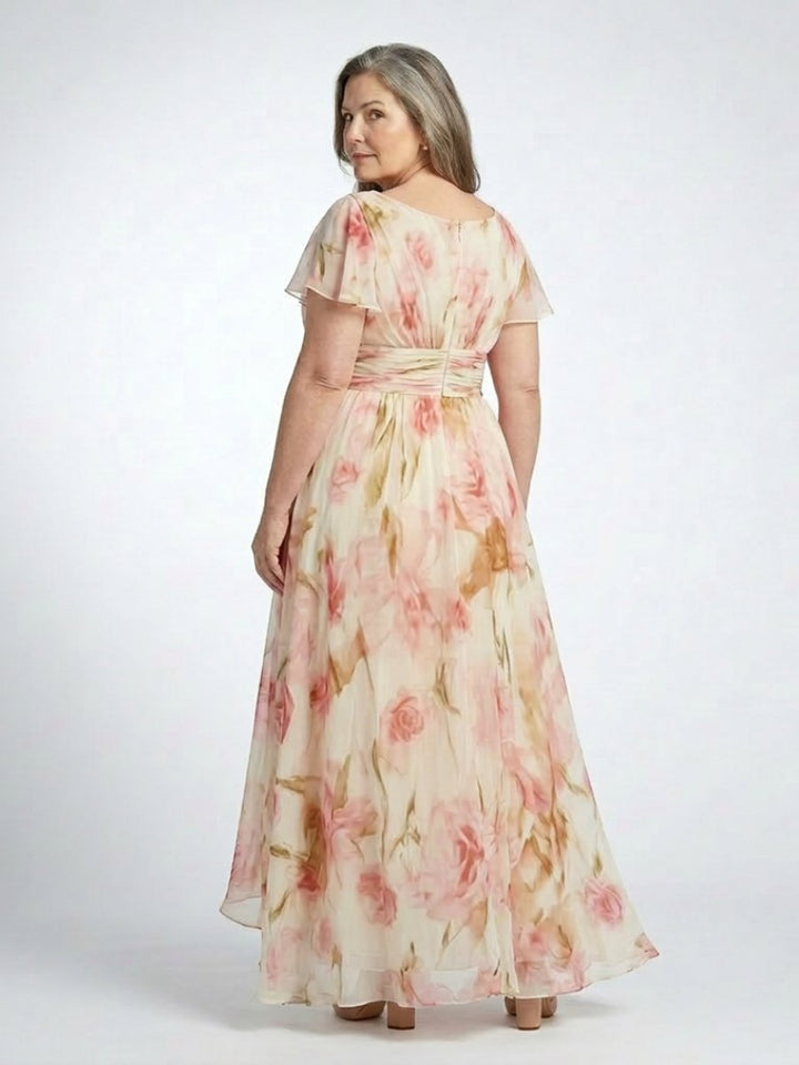 Women's Floral Chiffon V-Neck Short Sleeve Maxi Formal Dress