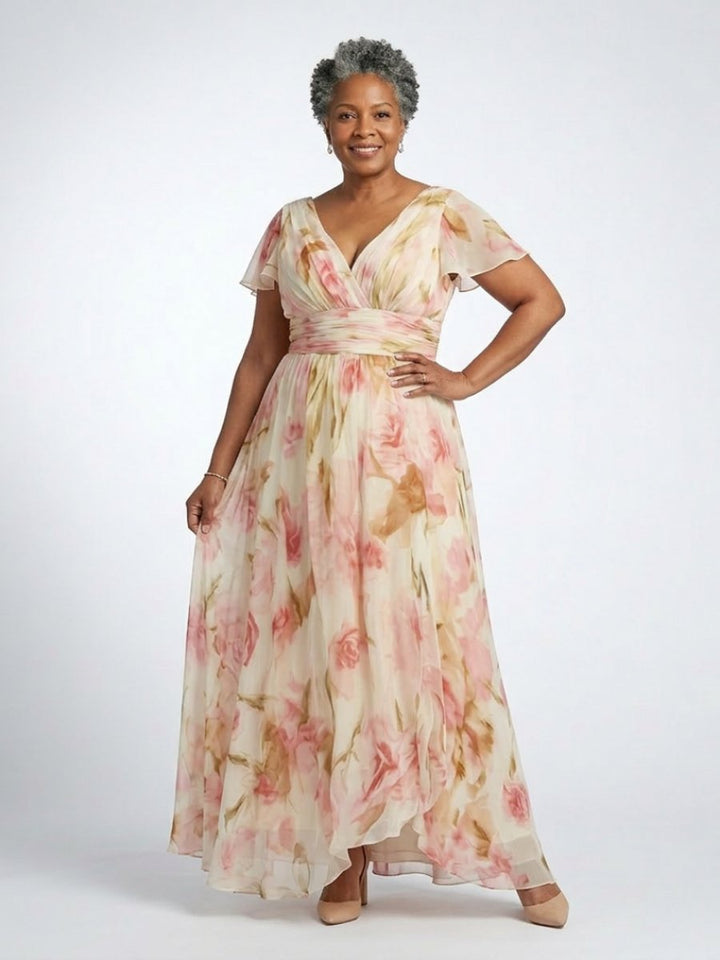 Women's Floral Chiffon V-Neck Short Sleeve Maxi Formal Dress