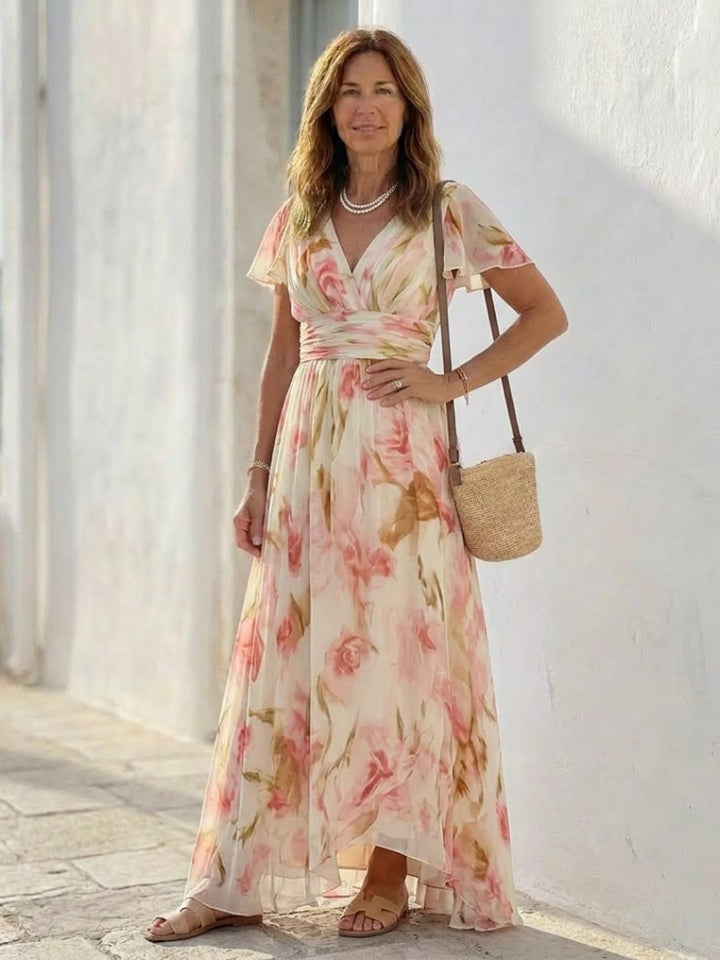 Women's Floral Chiffon V-Neck Short Sleeve Maxi Formal Dress