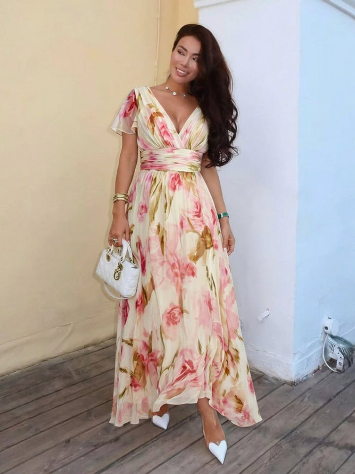 Women's Floral Chiffon V-Neck Short Sleeve Maxi Formal Dress