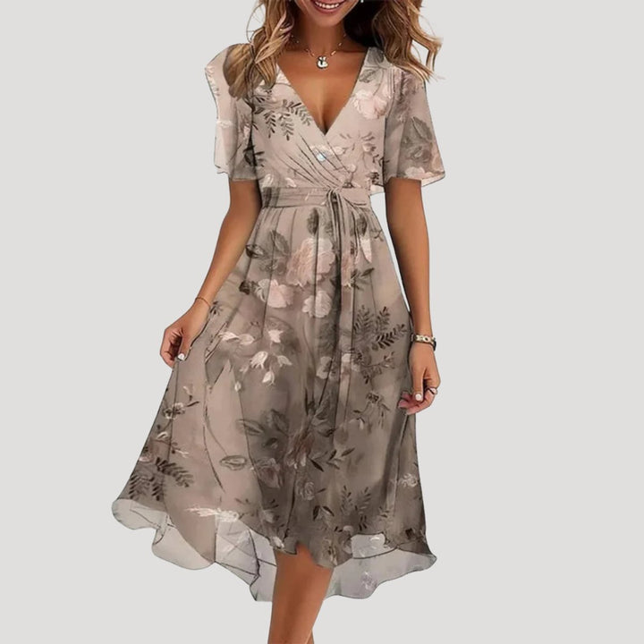 Women's Floral Chiffon Wrap Fall Wedding Guest Dress Midi