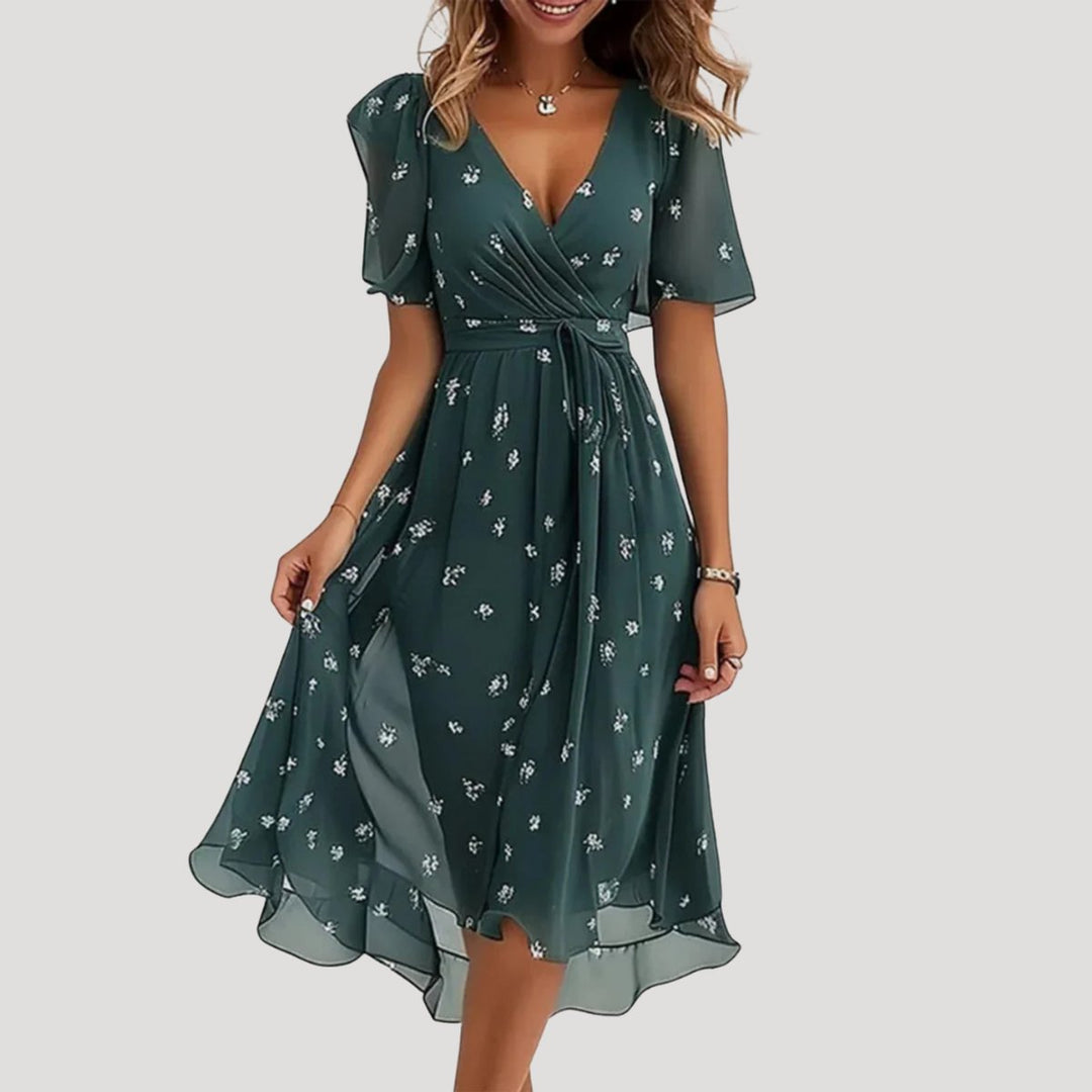 Women's Floral Chiffon Wrap Fall Wedding Guest Dress Midi