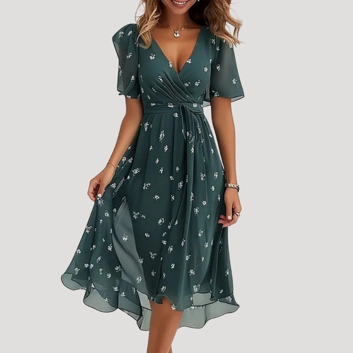 Women's Floral Chiffon Wrap Fall Wedding Guest Dress Midi