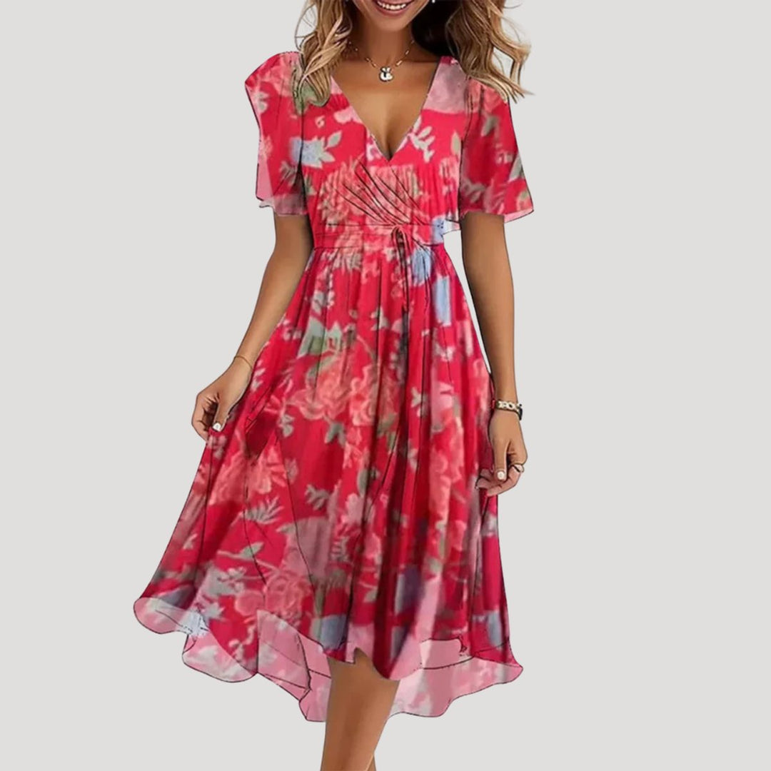 Women's Floral Chiffon Wrap Fall Wedding Guest Dress Midi