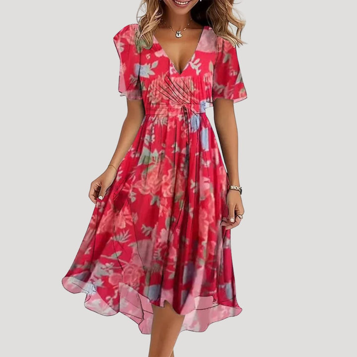 Women's Floral Chiffon Wrap Fall Wedding Guest Dress Midi