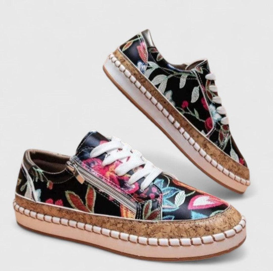 Women's Floral Cork-Sole Lace-Up Orthopedic Sneakers - Black Exotic