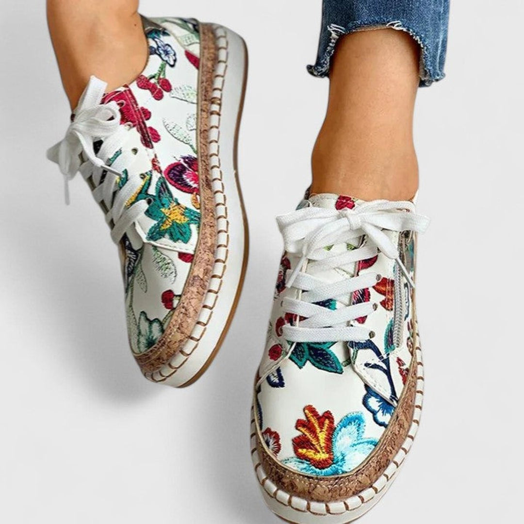 Women's Floral Cork-Sole Lace-Up Orthopedic Sneakers