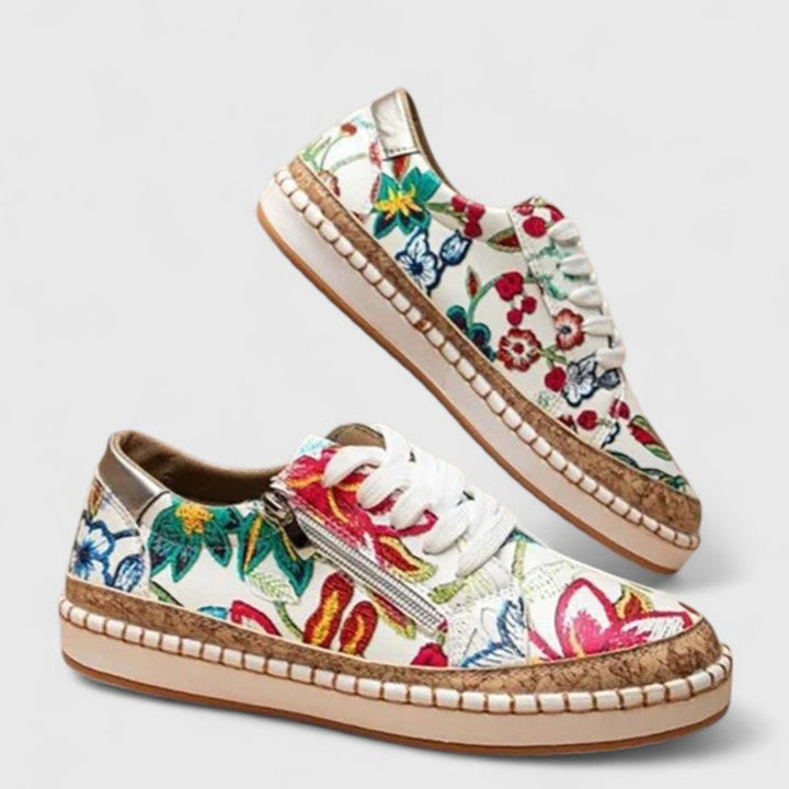 Women's Floral Cork-Sole Lace-Up Orthopedic Sneakers