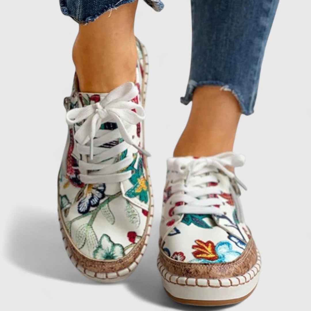 Women's Floral Cork-Sole Lace-Up Orthopedic Sneakers