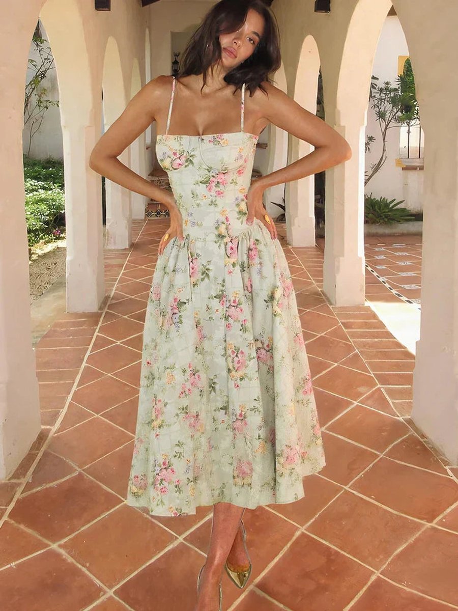 Women's Floral Corset A-Line Midi Formal Dress Spaghetti Strap