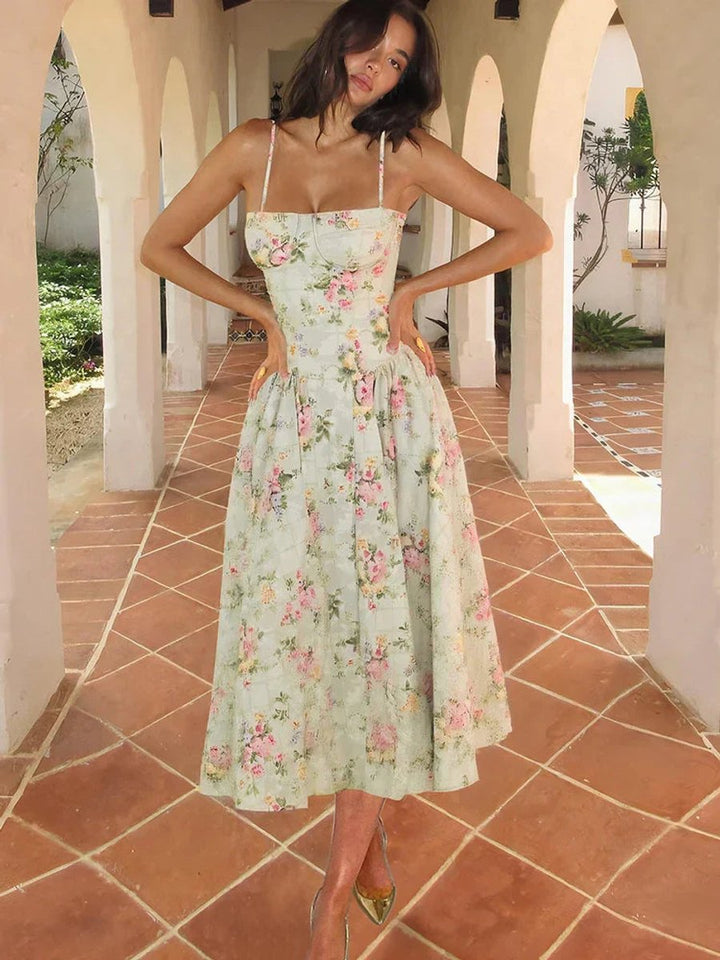 Women's Floral Corset A-Line Midi Formal Dress Spaghetti Strap