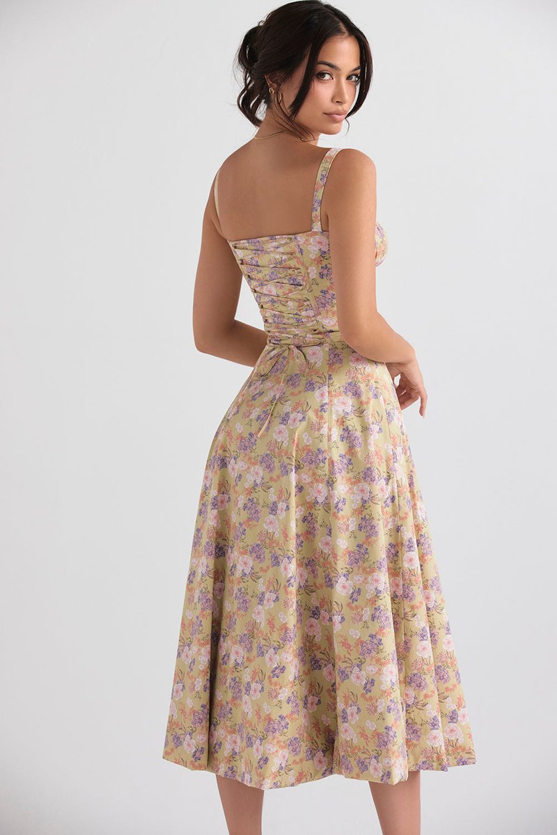 Women's Floral Corset-Back A-Line Fall Midi Dress