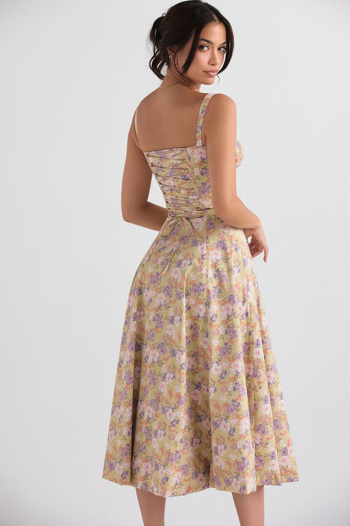 Women's Floral Corset-Back A-Line Fall Midi Dress