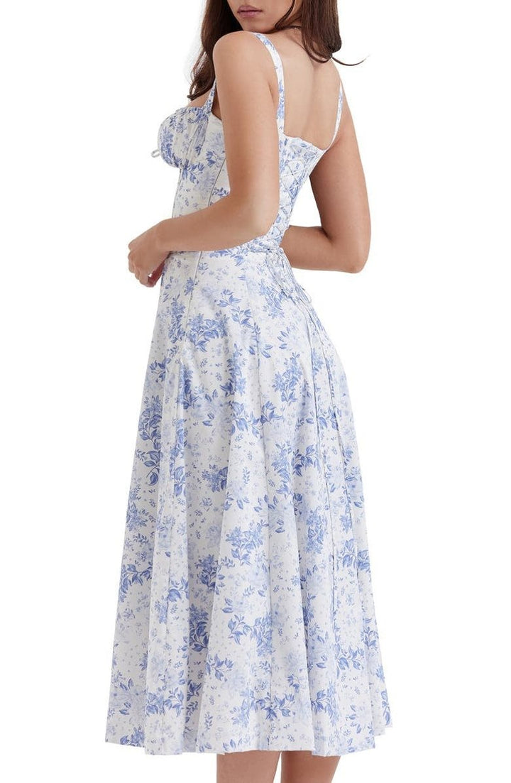 Women's Floral Corset-Back A-Line Fall Midi Dress