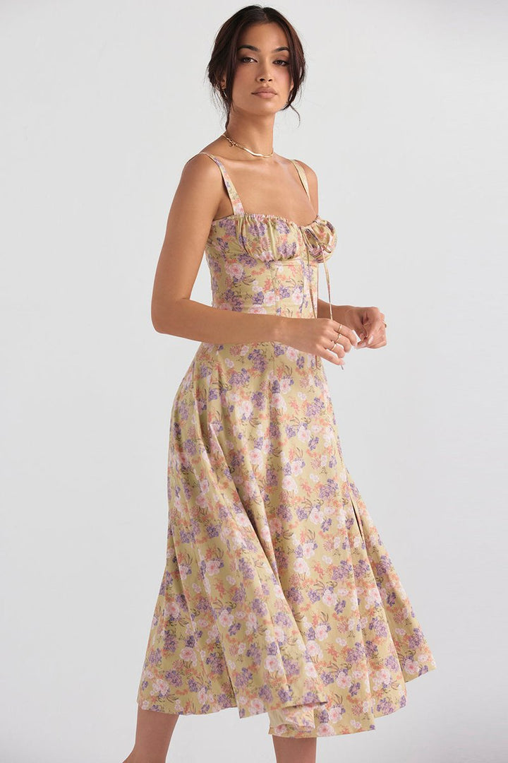 Women's Floral Corset-Back A-Line Fall Midi Dress