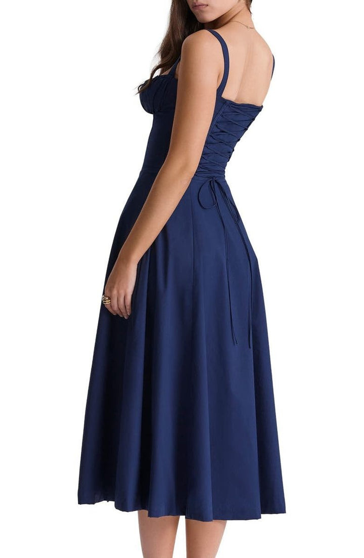 Women's Floral Corset-Back A-Line Fall Midi Dress