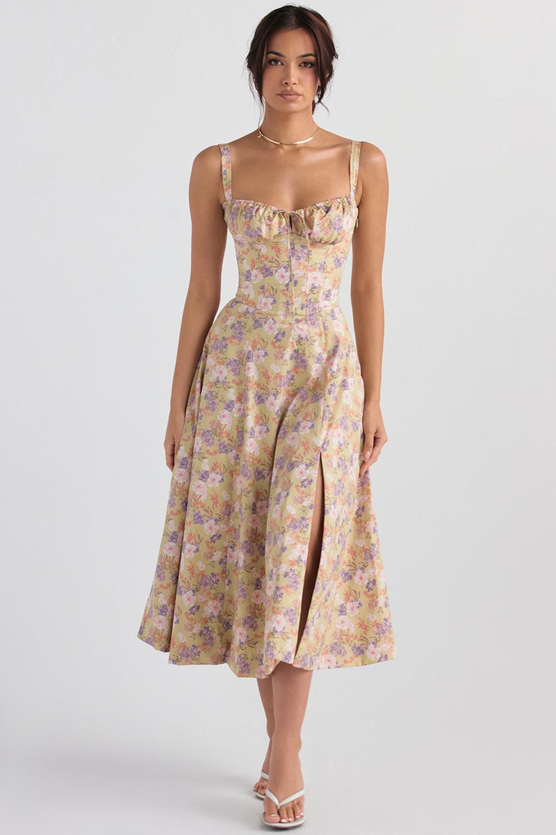 Women's Floral Corset-Back A-Line Fall Midi Dress