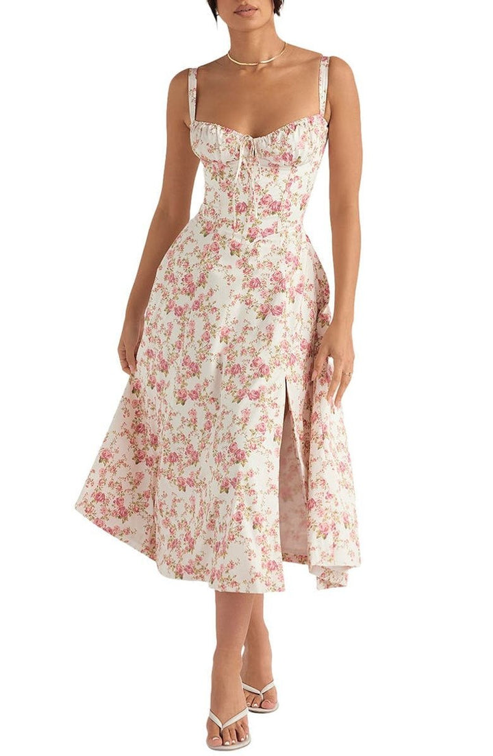 Women's Floral Corset-Back A-Line Fall Midi Dress