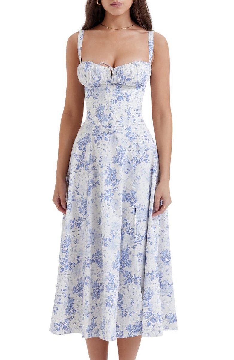 Women's Floral Corset-Back A-Line Fall Midi Dress