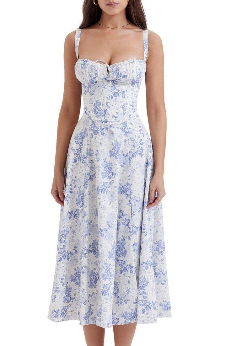 Women's Floral Corset-Back A-Line Fall Midi Dress
