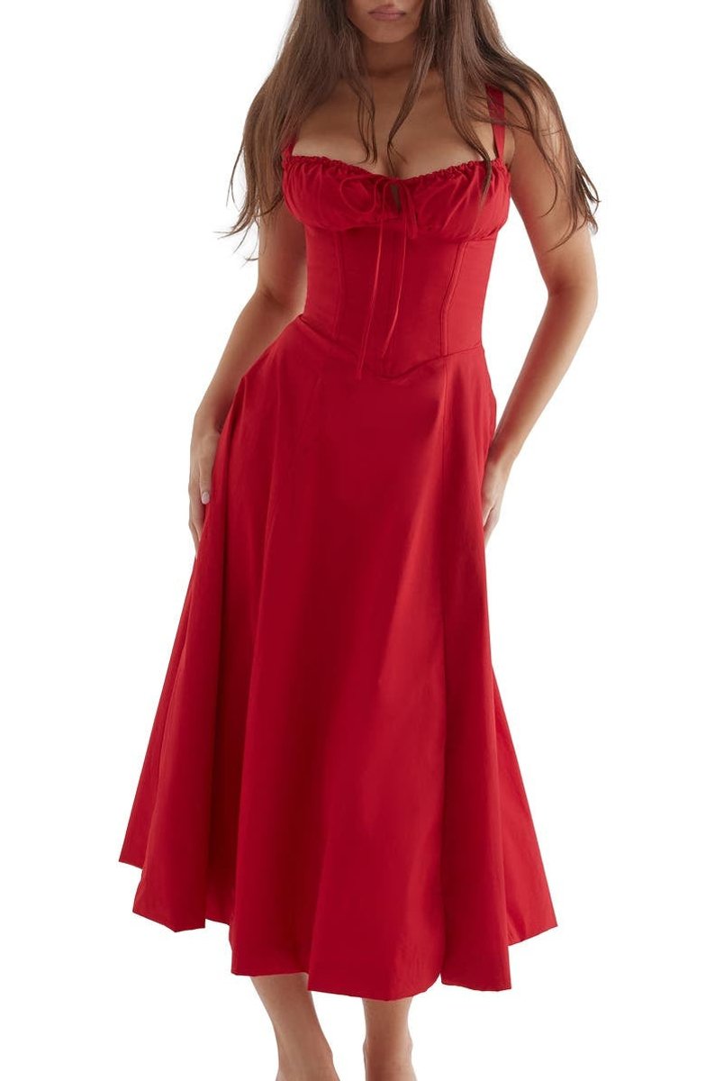 Women's Floral Corset-Back A-Line Fall Midi Dress