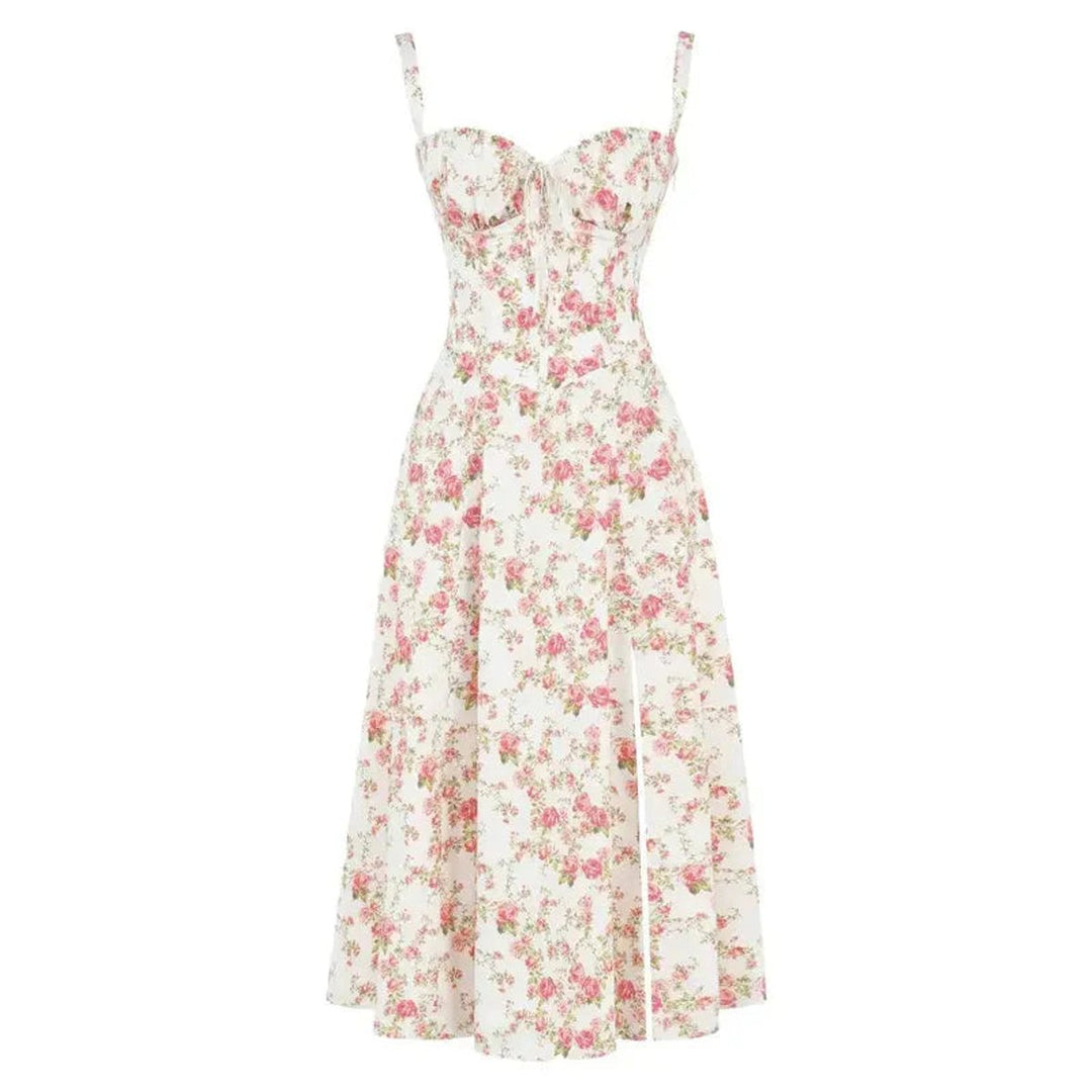 Women's Floral Corset-Back A-Line Fall Midi Dress