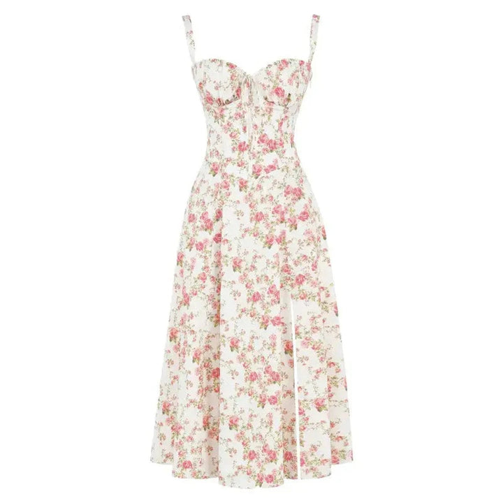 Women's Floral Corset-Back A-Line Fall Midi Dress