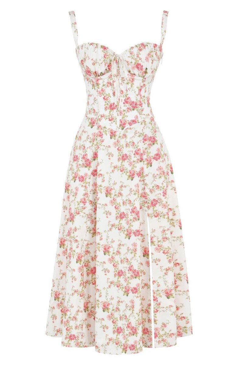 Women's Floral Corset-Back A-Line Fall Midi Dress