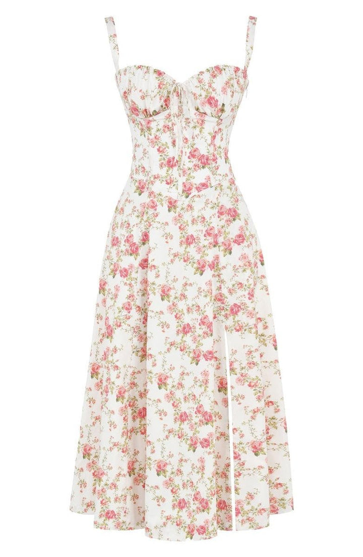 Women's Floral Corset-Back A-Line Fall Midi Dress