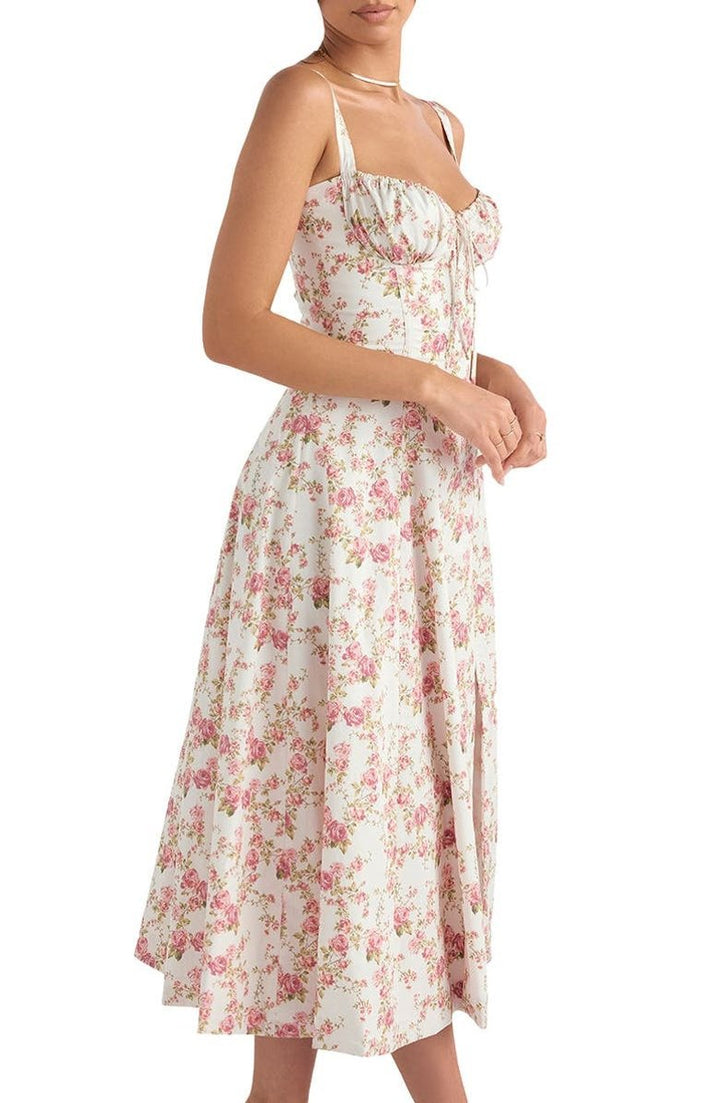 Women's Floral Corset-Back A-Line Fall Midi Dress
