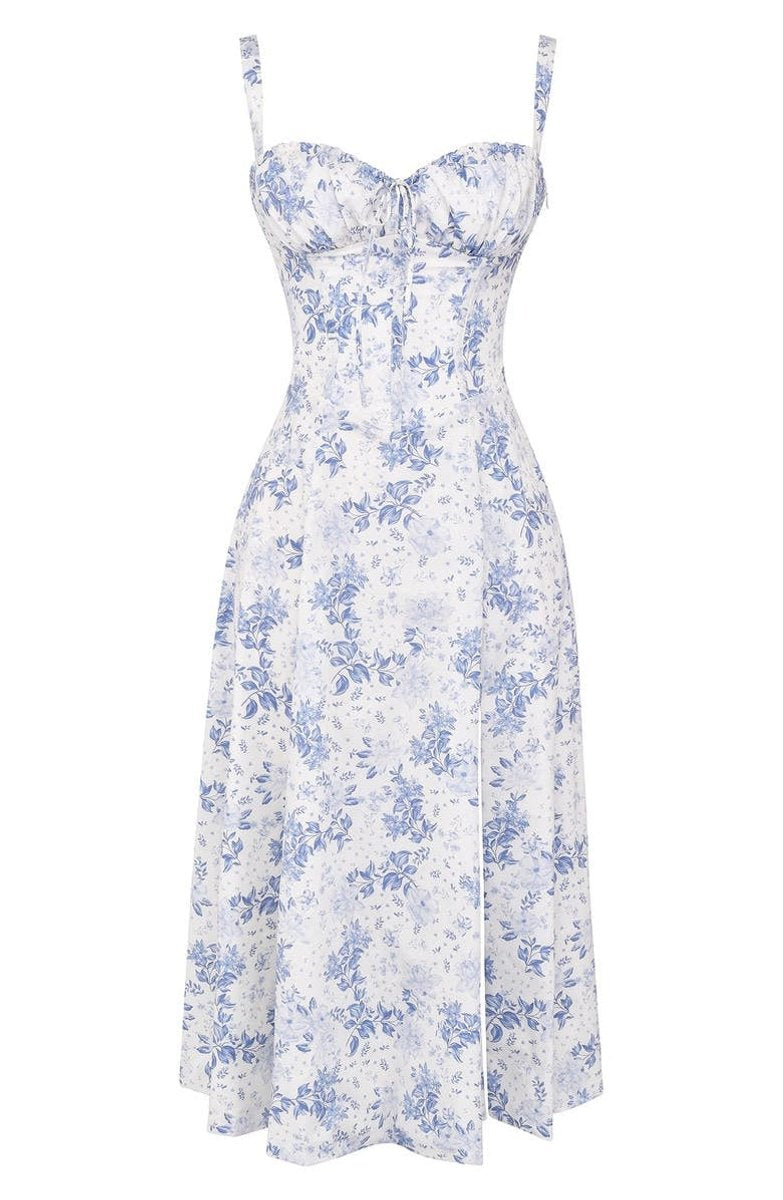 Women's Floral Corset-Back A-Line Fall Midi Dress