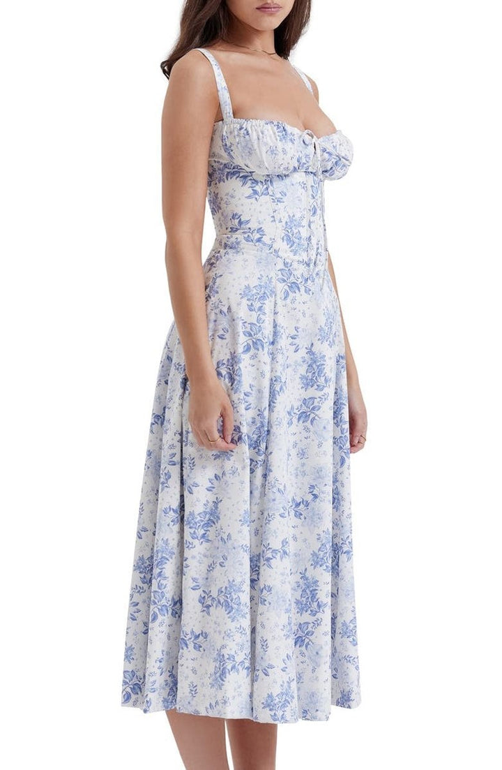 Women's Floral Corset-Back A-Line Fall Midi Dress