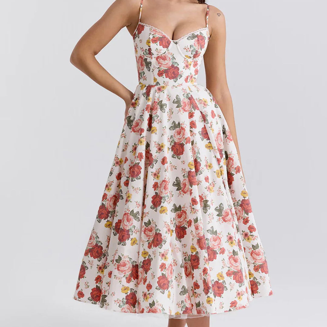 Women's Floral Corset Bodice A-Line Fall Midi Dress