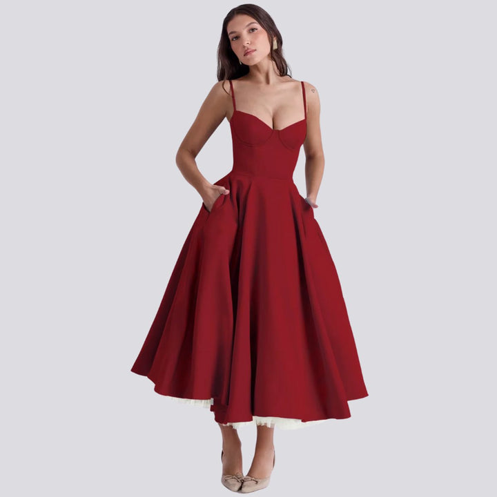 Women's Floral Corset Bodice A-Line Fall Midi Dress