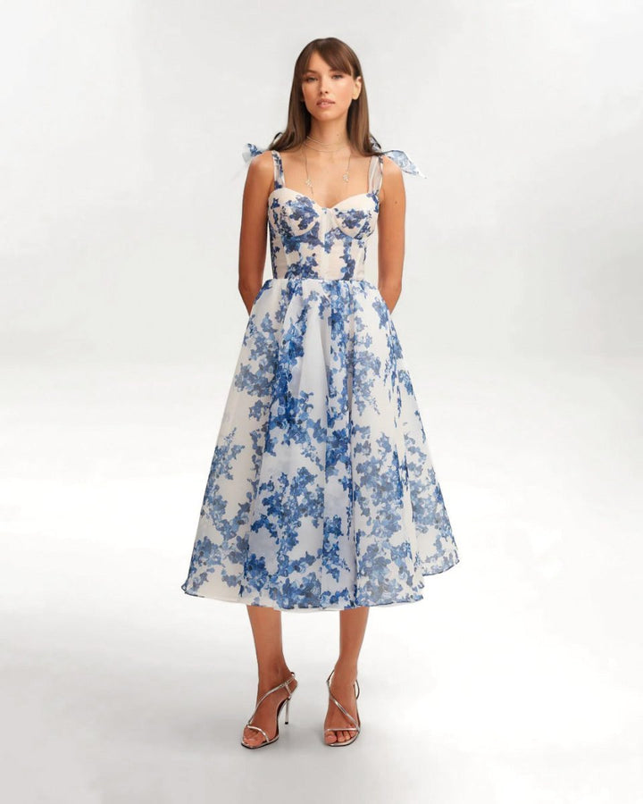 Women's Floral Corset Bodice A-Line Fall Midi Dress