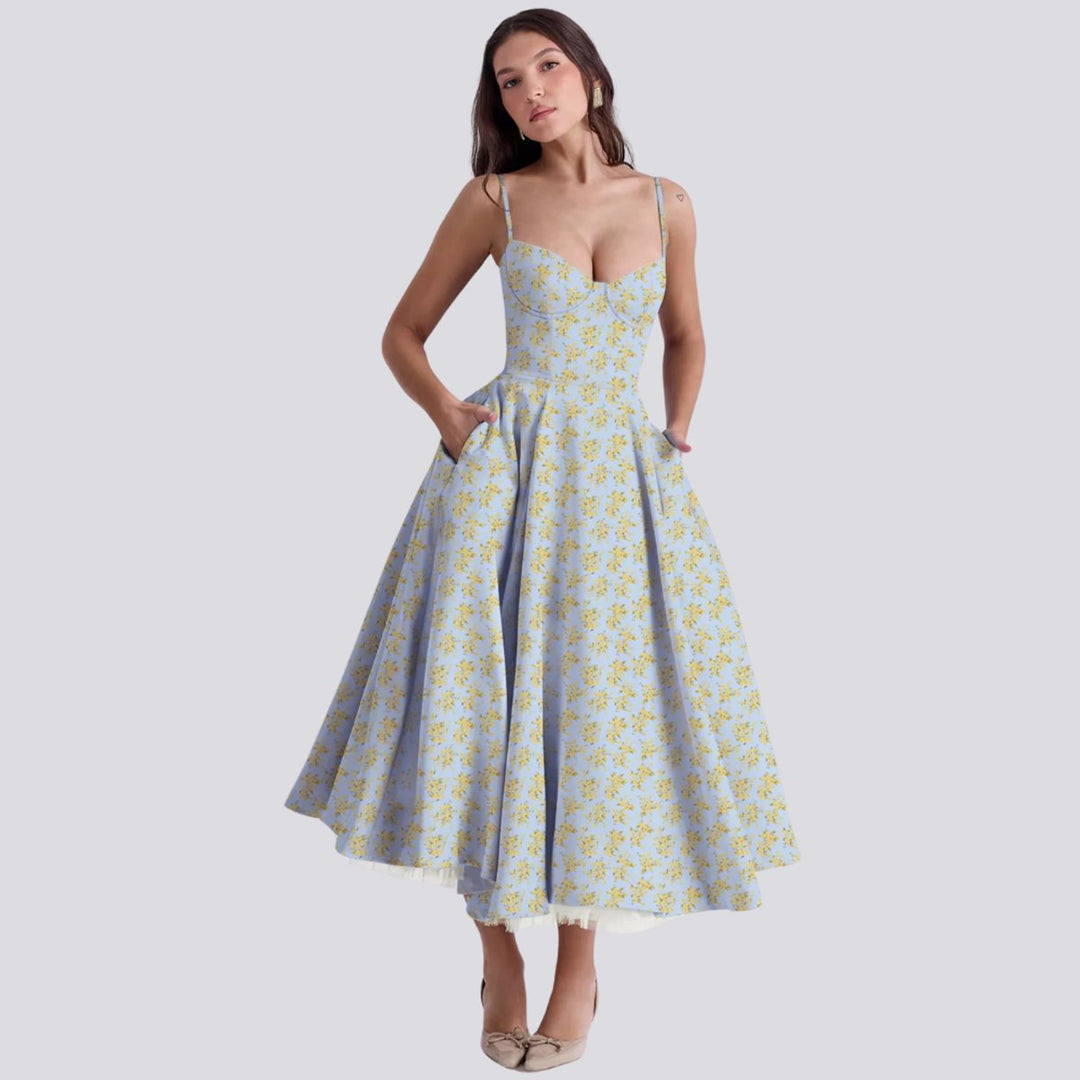Women's Floral Corset Bodice A-Line Fall Midi Dress