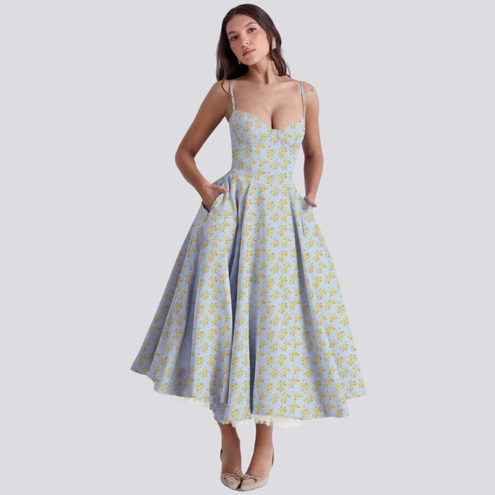 Women's Floral Corset Bodice A-Line Fall Midi Dress