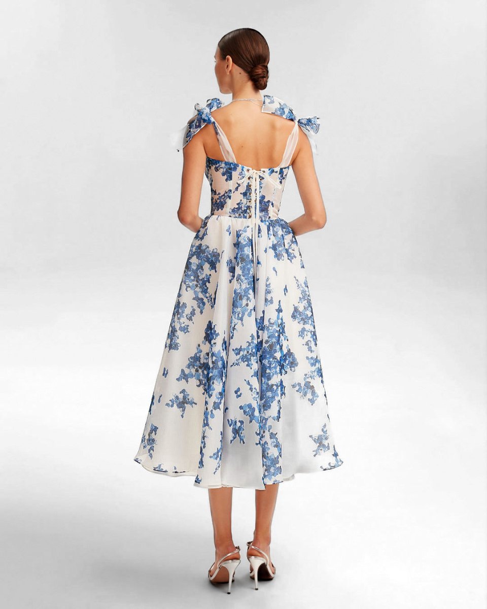 Women's Floral Corset Bodice A-Line Fall Midi Dress