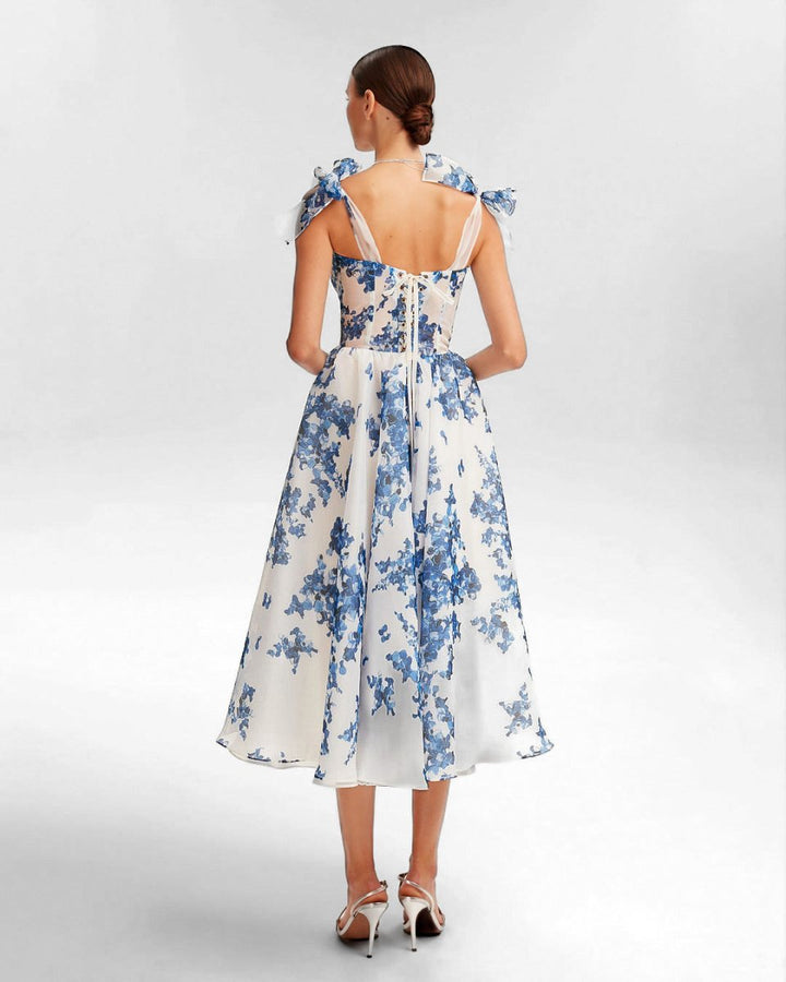 Women's Floral Corset Bodice A-Line Fall Midi Dress