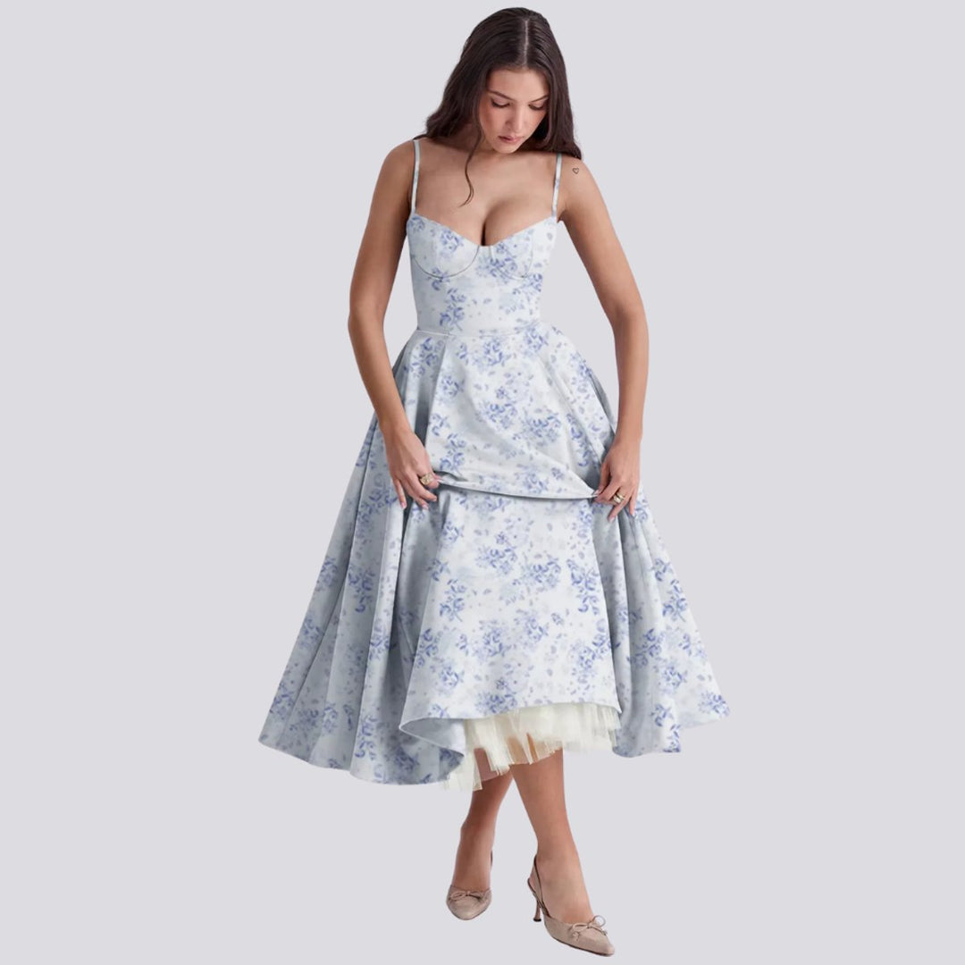 Women's Floral Corset Bodice A-Line Fall Midi Dress