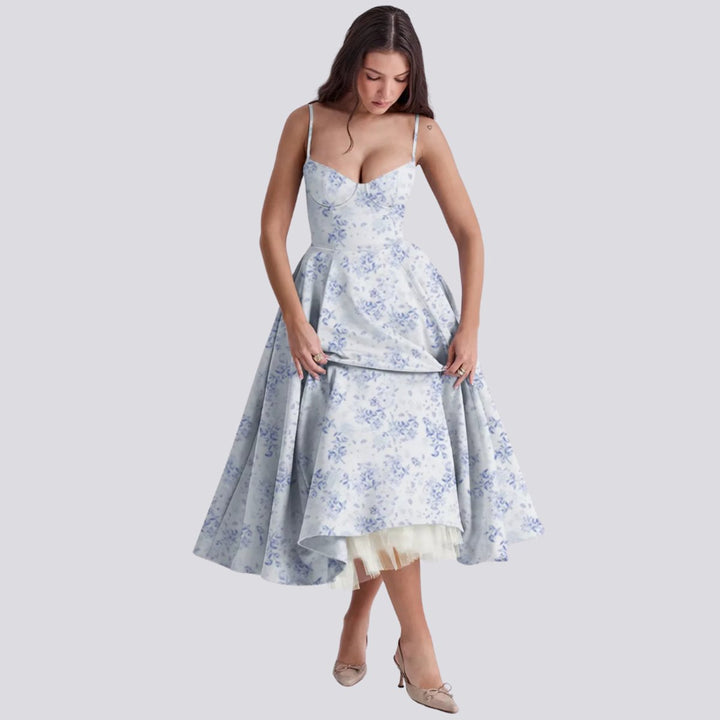 Women's Floral Corset Bodice A-Line Fall Midi Dress