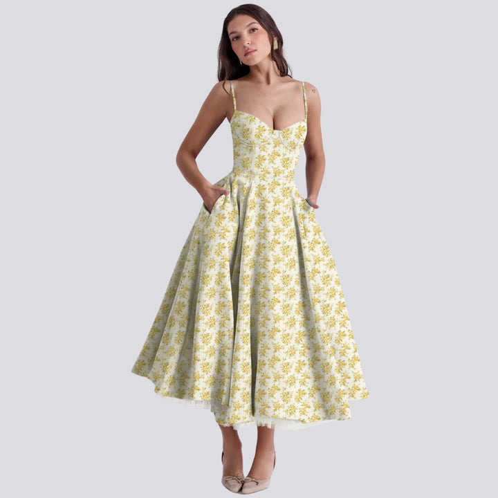 Women's Floral Corset Bodice A-Line Fall Midi Dress